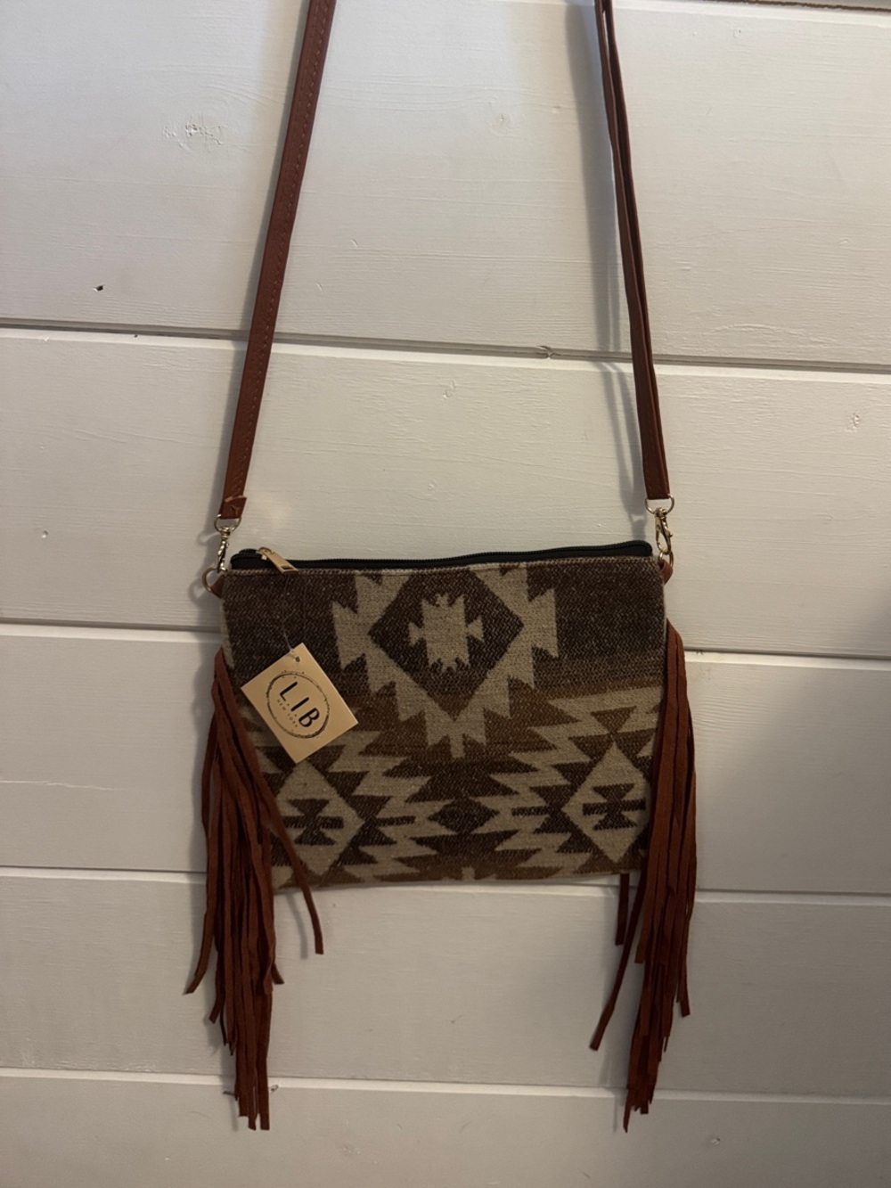Brown Aztec Fringe Crossbody Bag